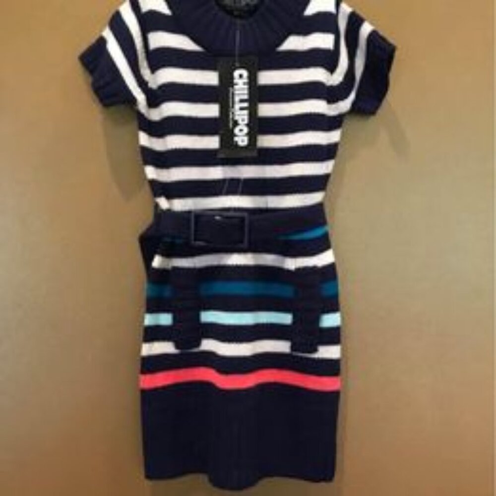 BNWT Adorable Knitted Sweater Dress Blue/Pink/Cream/Teal Striped GIRLS 5/6